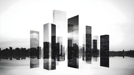 Surreal double exposure of a cityscape overlaid with minimalist geometric patterns in monochrome, creating a modern urban vibe