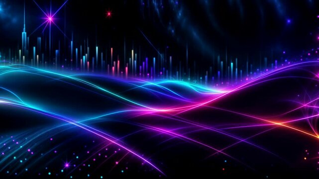 digital backdrop with abstract night city and forex chart, dynamic neon lines wave, 3D futuristic space can be used for technological workflows, neural data networks. loop animation. seamless footage.