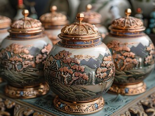 a group of round ceramic jars

