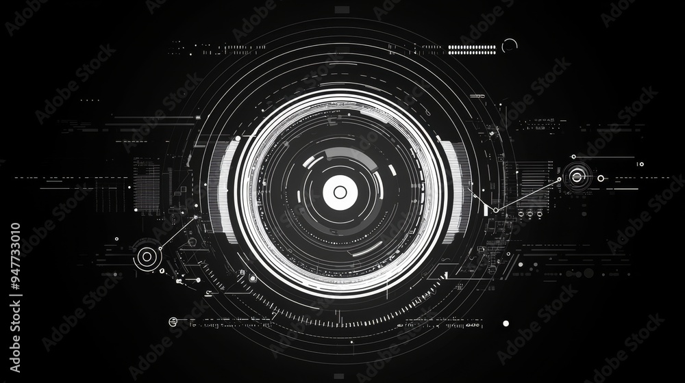 Poster Circular holographic HUD interface on black background. Holographic element theme in digital UI and 3D rendering.