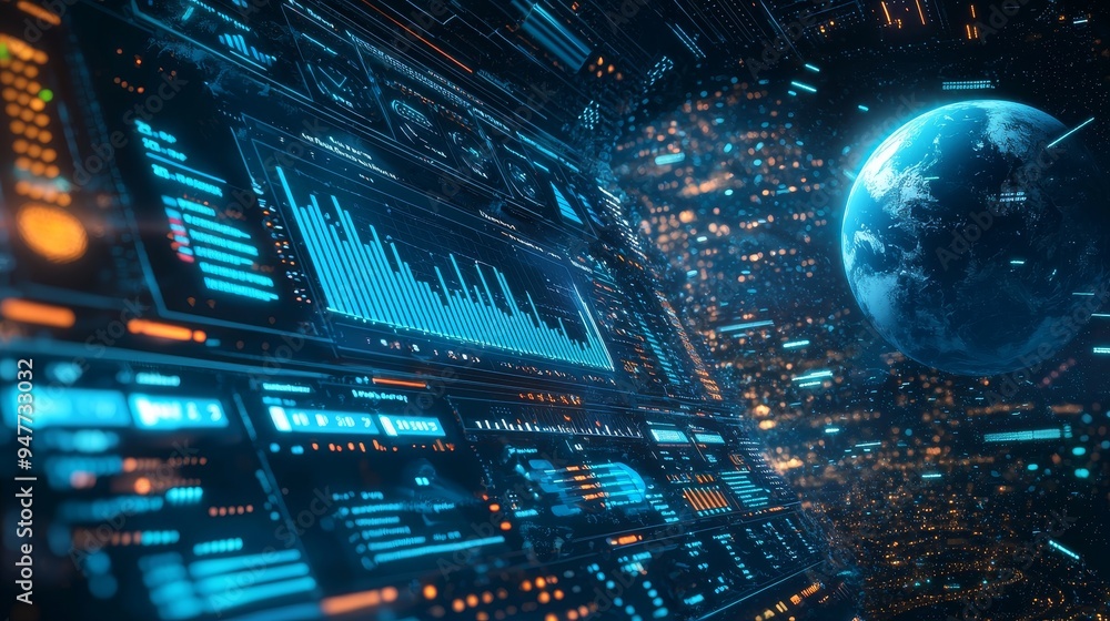 Aufkleber Animated Abstract Random Count Binary Decimal Statistics Monitor Display. Virtual Reality Abstract Digital Encoder Decoder Data Number Selection Code Background.