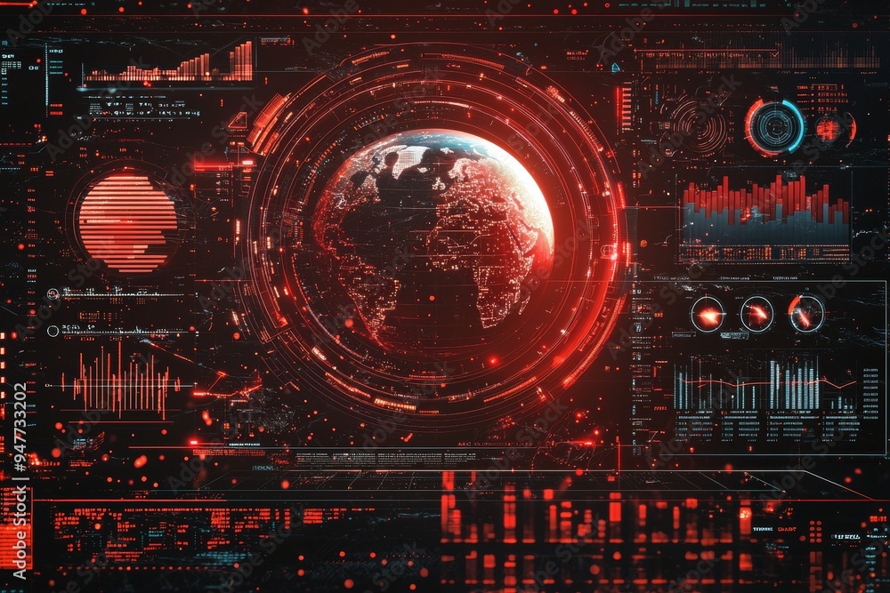 Poster A concept of global statistics with a screen texture of a digital interface and a world map in the center of the composition on a dark technological background. A 3D render of the composition is