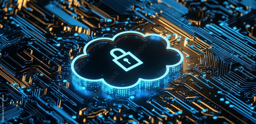 Poster A futuristic cloud with security lock and a blue hud circle is transparently positioned in the background