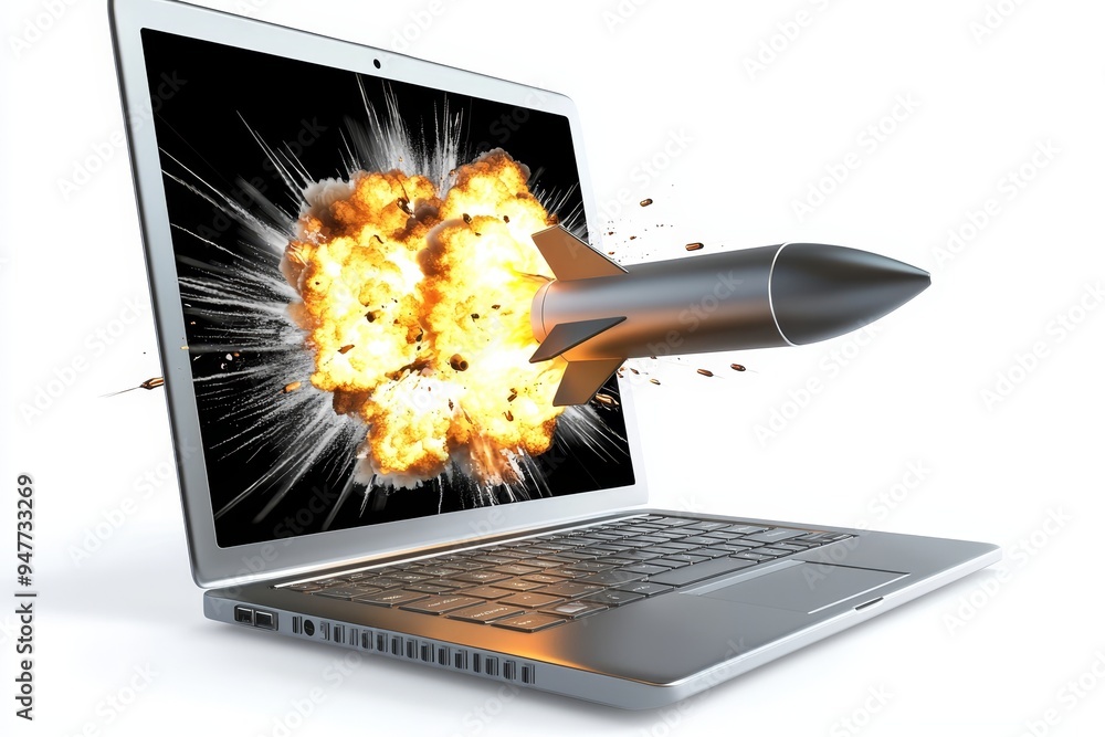 Poster Using a laptop screen to launch a space rocket. Stock image
