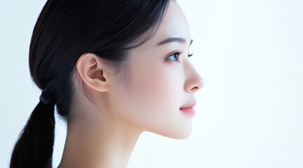 Naklejka premium photo of side profile portrait of an Asian woman, seamless white background, high contrast