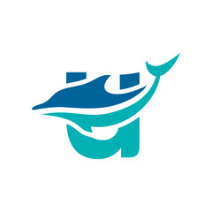 a logo combination of dolphins with letters, initials, numbers or alphabets with a blue base color for business purpose and other