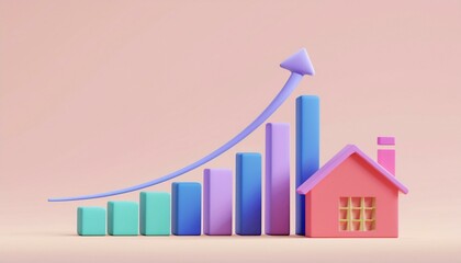 Fototapeta premium A vibrant illustration of a home with increasing bar charts and an upward arrow, representing growth in the housing market.