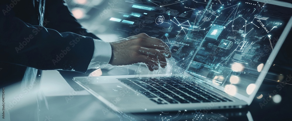 Poster Ai system control, data exchange, machine learning, business and stock market concept using data science and digital technology. A computer science engineer programming on a laptop in a smart office.