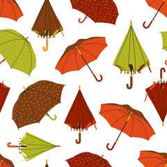 Obraz premium Umbrella seamless pattern. Vector illustration of different umbrellas on a white background. Cozy flat design. Autumn collection