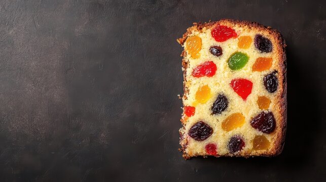 A rich slice of fruitcake with vibrant candied fruits, set against a dark, rustic background