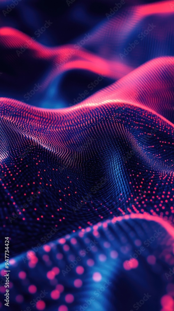 Sticker vibrant abstract wave patterns in purple and blue with glowing dots, perfect for backgrounds or digi