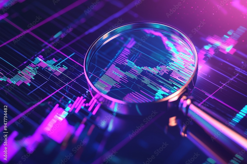 Poster Search engine optimization. Magnifier, charts, graphs. UV and neon screen. AI generative algorithms.