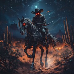 Ghostly Cowboy Rides Skeletal Horse Through Haunted Desert Landscape Under Starry Night Sky
