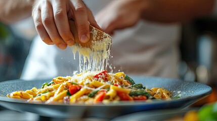 A chef delicately grating parmesan over a colorful plate of penne primavera, featuring a variety of fresh, sautaed vegetables