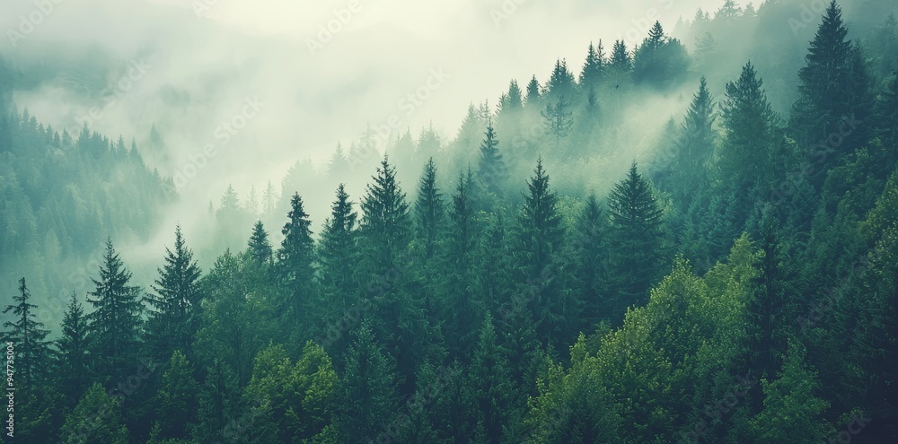 Poster in retro style, a hazy forest of firs with a misty landscape.
