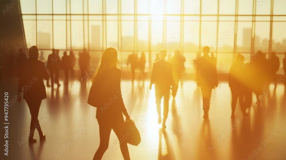 Poster motion blur effect of a crowded public place with people passing by. stock illustration.