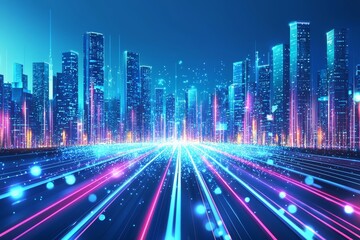 A speed light trail takes the viewer through a smart modern mega city and skyscrapers town with neon futuristic technology background, future virtual reality, motion effect, and high speed light,