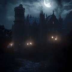 Haunting Victorian Manor on Moonlit Night with Cobwebs and Flickering Candles