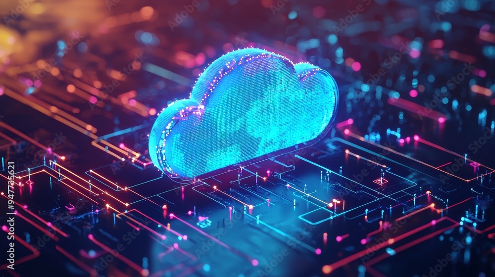 Poster Digital informational technology web futuristic hologram with cloud icon, blue golden light digits and code background, cloud computing. Abstract motion of digital data flow.