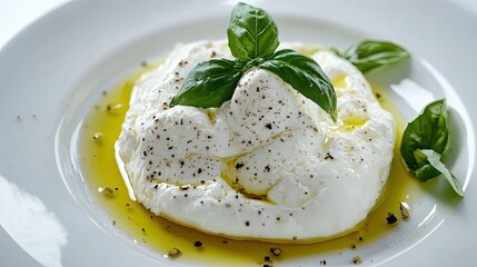 A close-up shot of creamy burrata cheese, with droplets of olive oil and fresh basil leaves on a pristine white plate, isolated on a pure white background