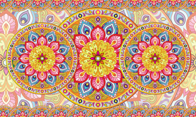 Ornament beautiful card with mandala.Thai intricate designs flat design top view festive decoration water color Triadic Color Scheme.Abstract Colorful Symmetric Kaleidoscope.