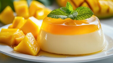 A creamy mango pudding with a smooth mango jelly topping, elegantly served on a white plate with fresh mango slices and a mint sprig, a refreshing dessert option