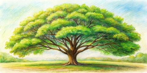 Large tree with bushy leaves and branches illustrated in chalk crayon colored pencils in an impressionist style , nature