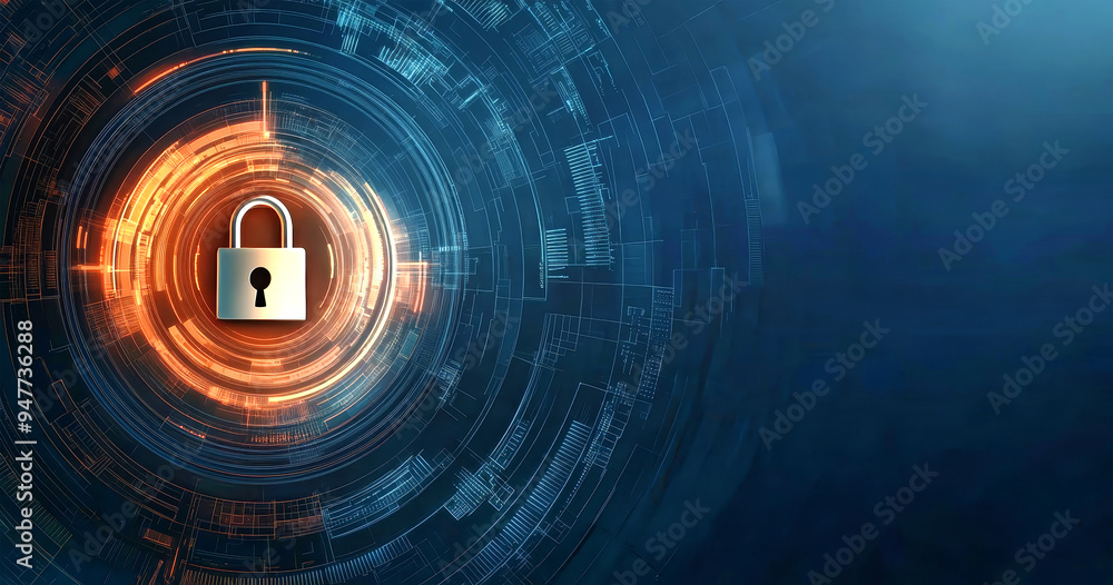 Poster a detailed vector showcases a padlock within a tech-inspired circle, highlighting the essence of cyb