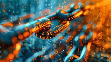 A striking 3D chain composed of binary code glimmers in a blue and orange digital realm, symbolizing the essence of blockchain technology