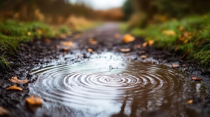 Raindrops creating overlapping ripples in a puddle on a muddy path