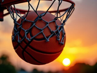 Basketball court at sunset. Ball into hoop, orange sky and solar disk in blurry background. Concept of efficiency, performance, achieving goals and objectives.
