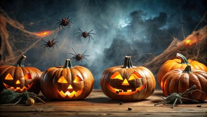 Dark Halloween scene with pumpkins and spiders , Halloween, dark, spooky, pumpkins, spiders, autumn, creepy