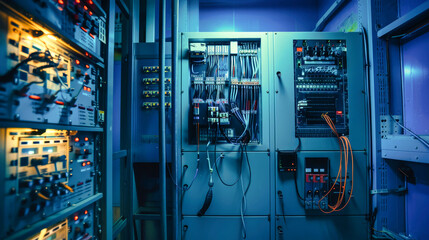A detailed view of a control cabinet filled with connected electronic devices and wires, illuminated by soft blue tones and vibrant high-resolution colors