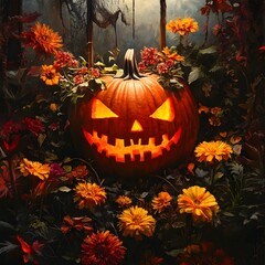 Spooky Autumnal Jack o  Lantern Surrounded by Vibrant Seasonal Flowers in an Abandoned Greenhouse