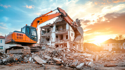 A powerful excavator dismantles crumbling structures as the sun sets, casting a warm light over a contrasting modern neighborhood filled with promise - Powered by Adobe