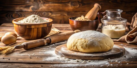 Fototapeta premium Raw homemade dough and flour on wooden kitchen table , baking, cooking, ingredients, preparation, fresh, homemade, organic