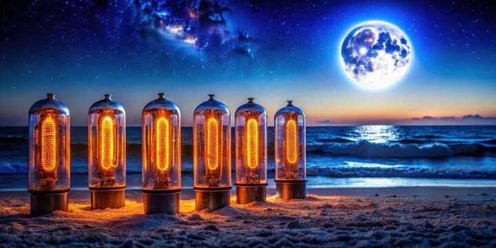 Vibrant vacation message in Nixie tubes against dark beach sky at moonlit night , Nixie tubes, message, vacation, vibrant