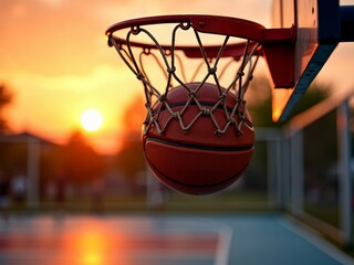 Basketball court at sunset. Illustration of scoring. Ball into hoop, orange sky and solar disk in blurry background. Self improvement and life goals concept
