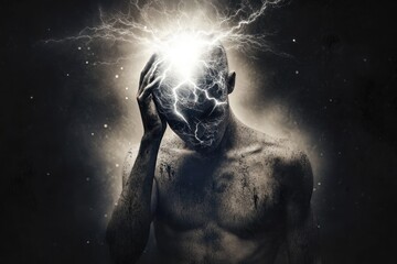 Electrified figure holding head with glowing energy