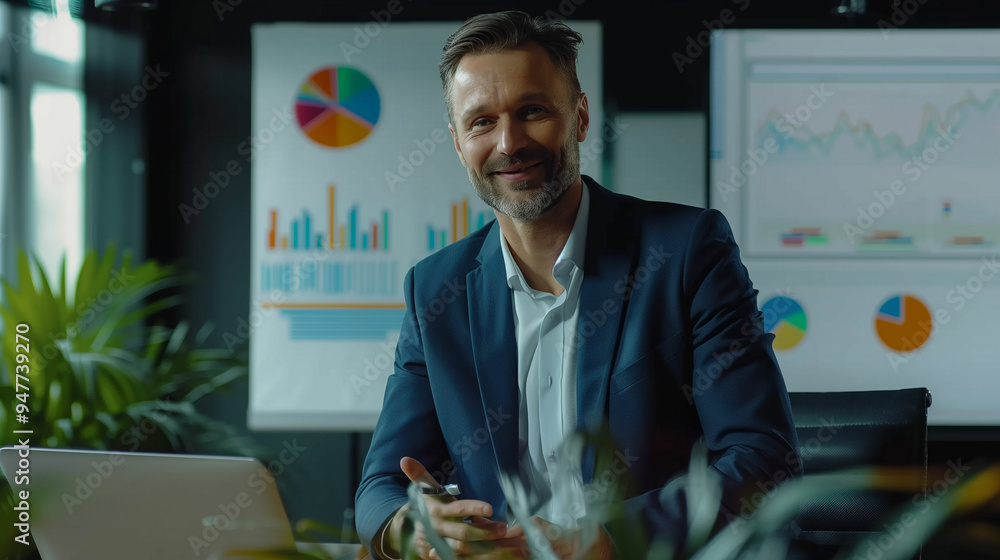 Poster business professional in modern office presenting data insights during a meeting with graphs and cha
