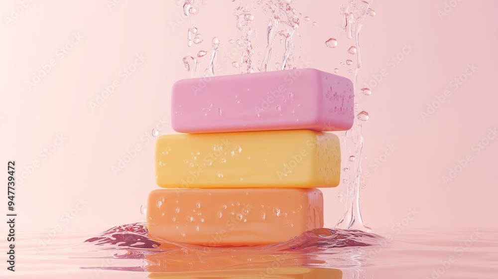 Aufkleber colorful bars of soap stacked on a pink background splashing water in a bright and refreshing settin