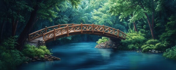 old wooden bridge spanning a serene river, surrounded by lush trees.