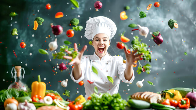 A smiling female chef joyfully throws a variety of fruits and vegetables into the air, celebrating her culinary creativity in a stylish kitchen