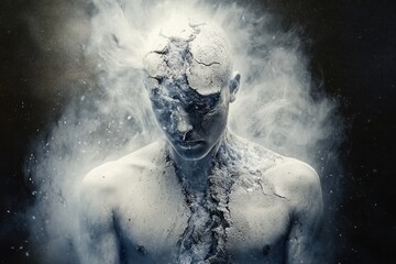 Crack-ridden human form in a smoky dissolution
