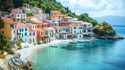 Coastal village with a mixture of pastel-colored houses and traditional whitewashed buildings