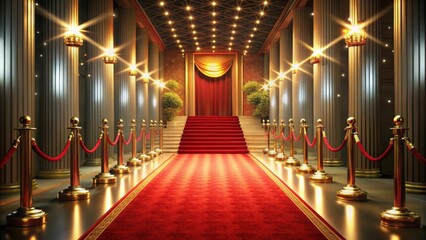 Red carpet leading to a golden stage with elaborate decorations for a prestigious ceremony , red carpet, golden stage