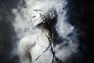 Sculpture with cracking surface and swirling dust.