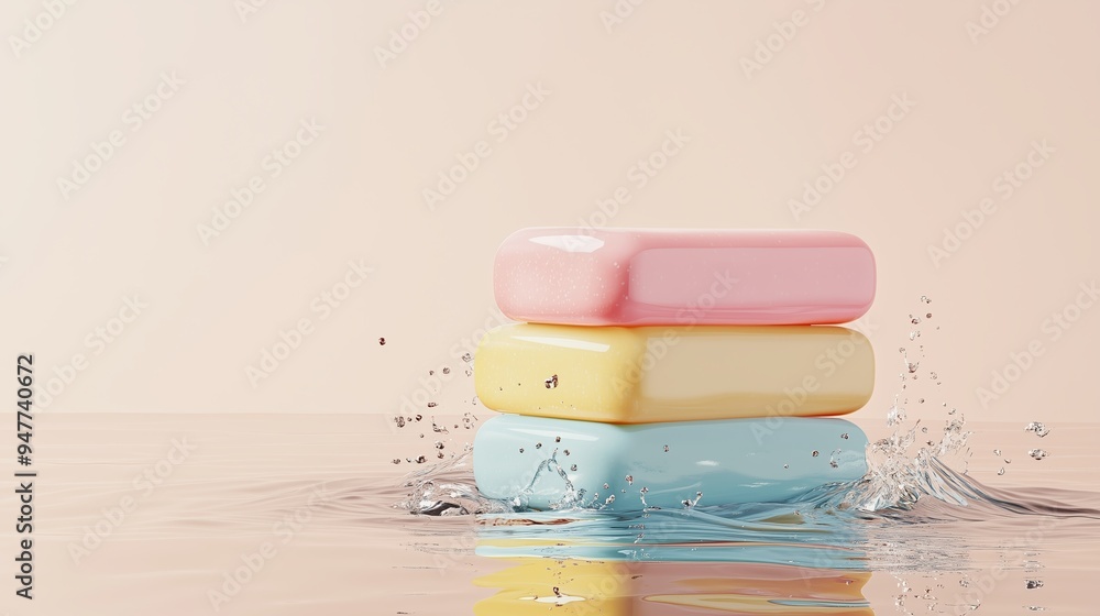 Aufkleber colorful soap bars splash in water against a light background, creating a dynamic and refreshing atm