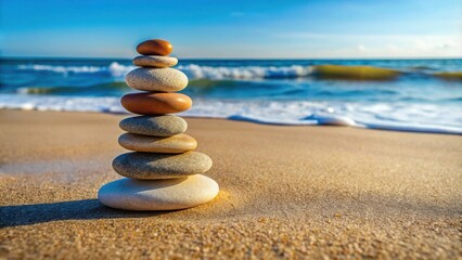 Stack of stones balanced on sandy beach, beach, rocks, balance, stack, tranquil, nature, peaceful, zen, harmony, shore