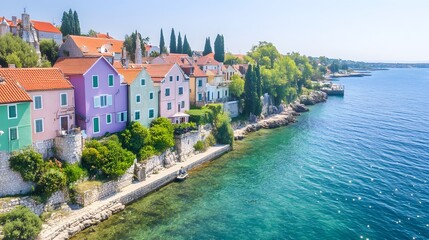 Obraz premium Bright coastal town with multicolored homes, lush green surroundings, and sparkling water, evoking a serene and lively atmosphere